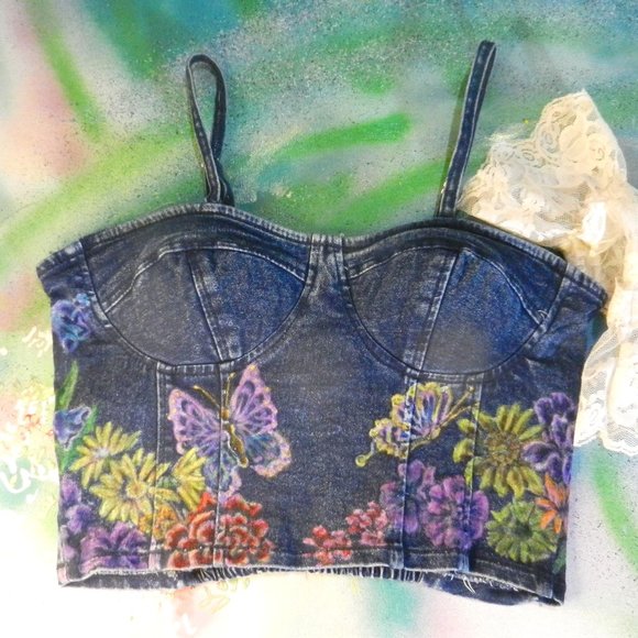 Hand Crafted Tops - HAND CRAFTED floral denim bustier OOAK custom hand painted jean camisole top